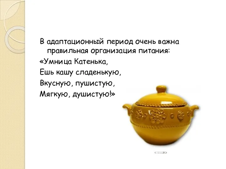 В адаптационный период очень важна правильная организация питания: «Умница Катенька,