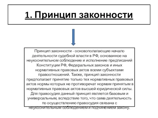 1. Принцип законности Принцип законности - основополагающие начало деятельности судебной власти в РФ,