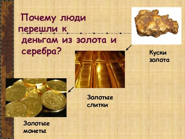 Почему люди перешли к деньгам из золота и серебра? Куски золота Золотые слитки Золотые монеты