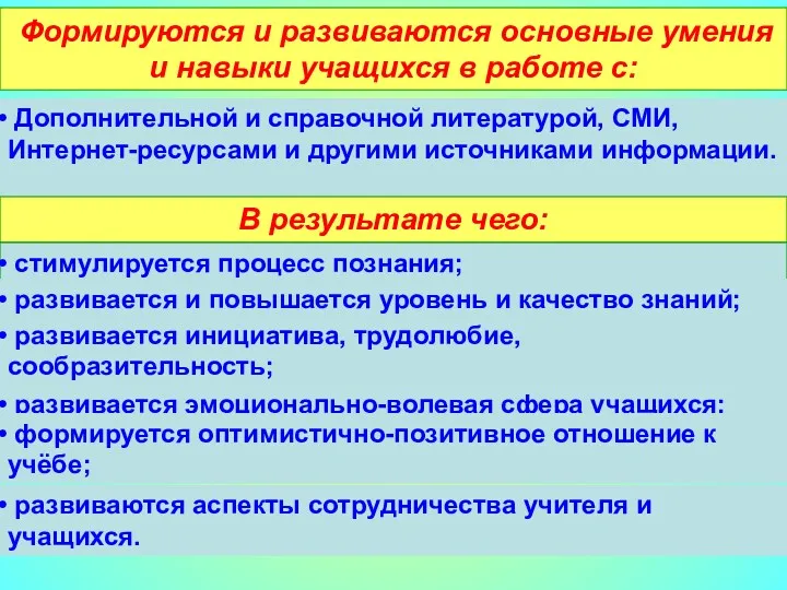 Результативность Формируются и развиваются основные умения и навыки учащихся в