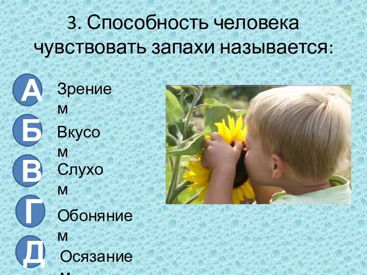 3. Способность человека чувствовать запахи называется: А Б В Г Д Зрением Вкусом Слухом Обонянием Осязанием