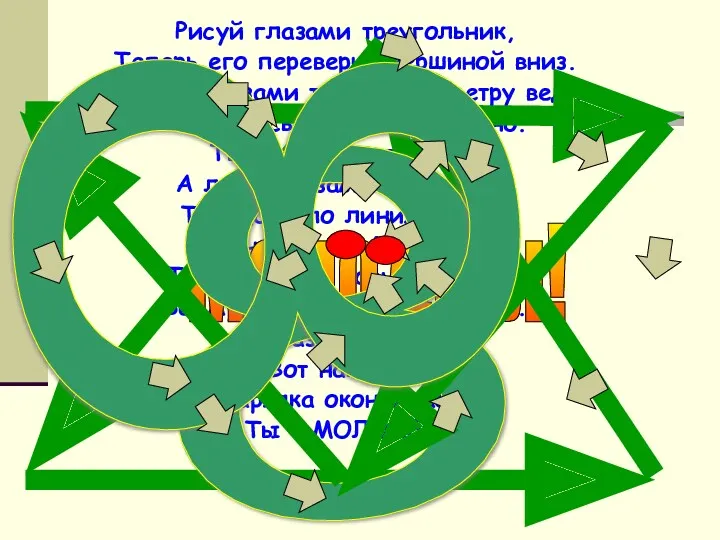 Рисуй глазами треугольник, Теперь его переверни вершиной вниз. И вновь