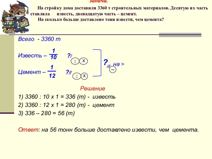 Задача. На стройку дома доставили 3360 т строительных материалов. Десятую