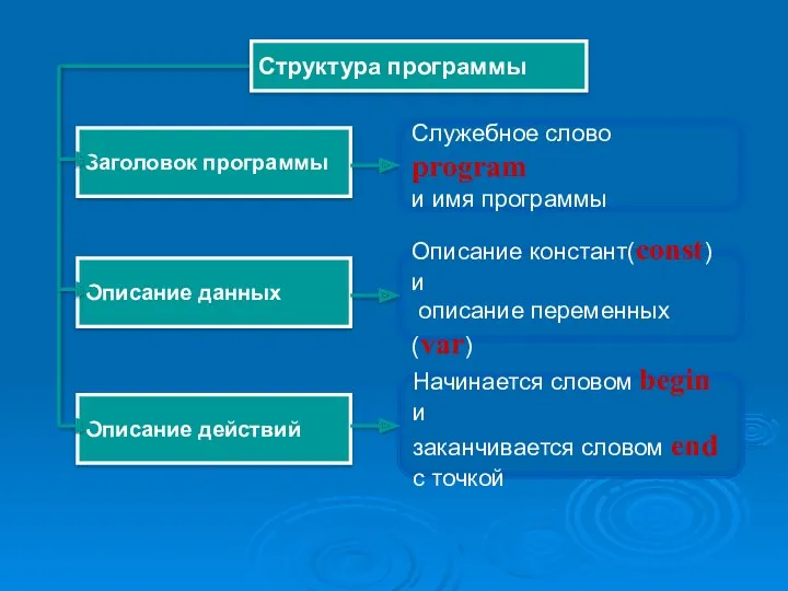 Служебное слово program и имя программы Структура программы Заголовок программы