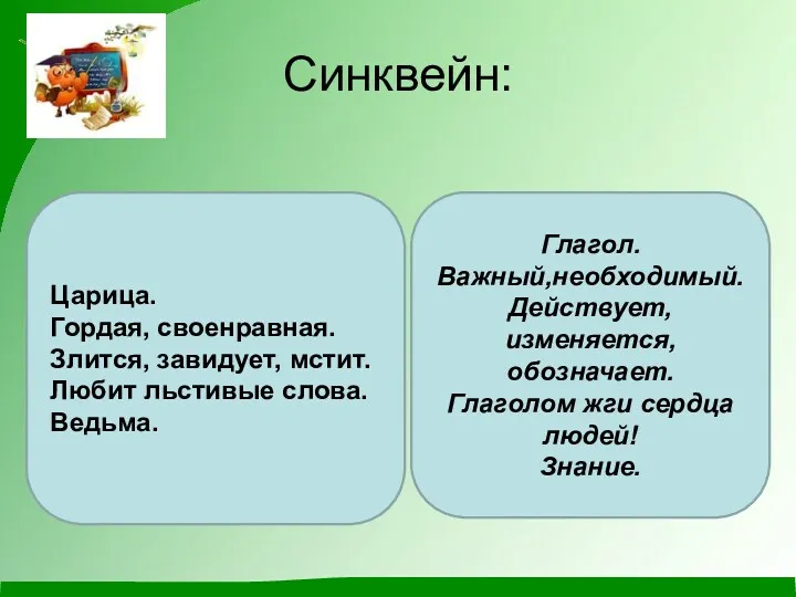 Синквейн: Глагол. Важный,необходимый. Действует,изменяется, обозначает. Глаголом жги сердца людей! Знание.