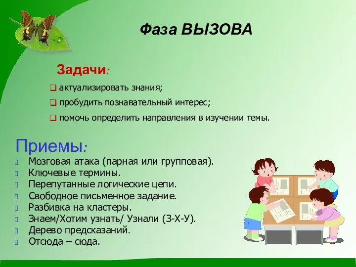 Фаза ВЫЗОВА Задачи: актуализировать знания; пробудить познавательный интерес; помочь определить