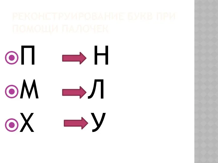 Реконструирование букв при помощи палочек П Н М Л Х У