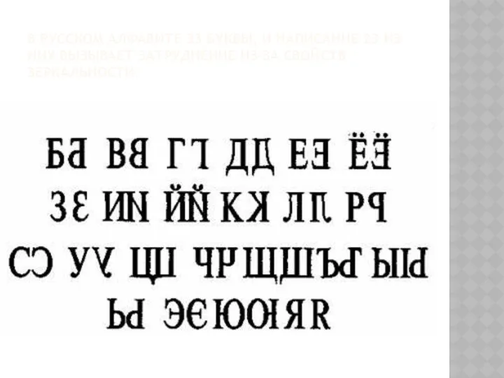 В русском алфавите 33 буквы, и написание 23 из них вызывает затруднение из-за свойств зеркальности: