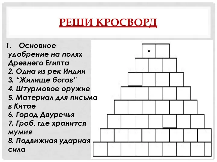 Реши кросворд Основное удобрение на полях Древнего Египта 2. Одна