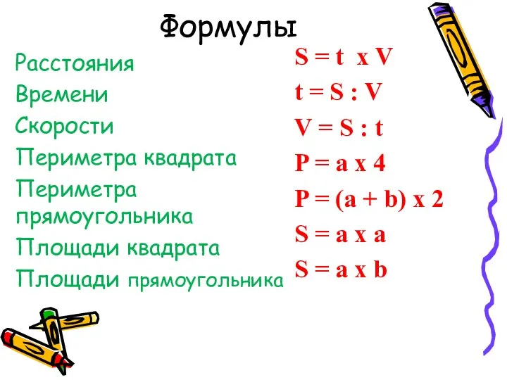 Формулы S = t х V t = S :