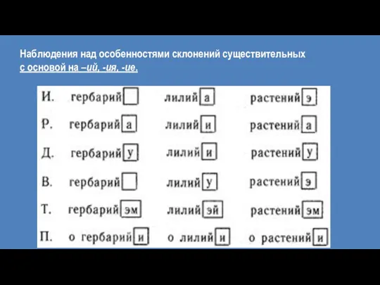 Наблюдения над особенностями склонений существительных с основой на –ий, -ия, -ие.