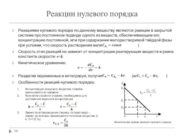 Реакции нулевого порядка Реакциями нулевого порядка по данному веществу являются реакции в закрытой