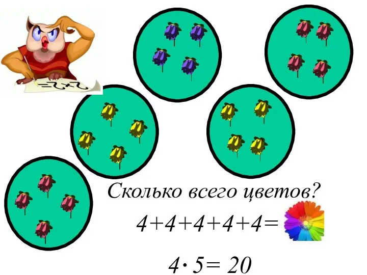 Сколько всего цветов? 4+4+4+4+4= 20 4 5= 20