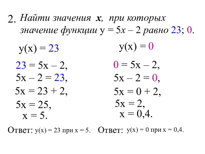 Найти значения х, при которых значение функции у = 5х – 2 равно 23; 0. 2.