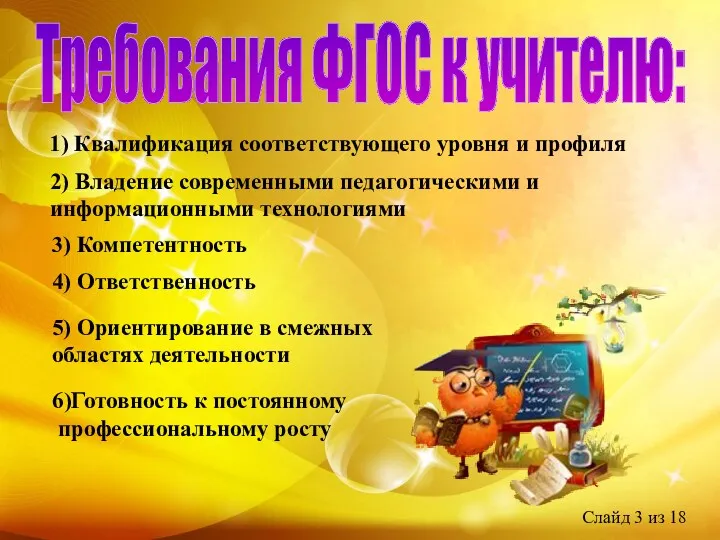 Требования ФГОС к учителю: 1) Квалификация соответствующего уровня и профиля