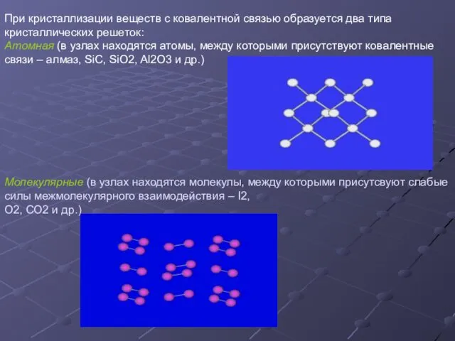 При кристаллизации веществ с ковалентной связью образуется два типа кристаллических решеток: Атомная (в