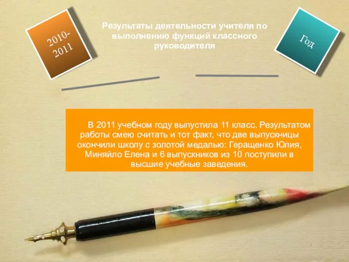 2010- 2011 Год В 2011 учебном году выпустила 11 класс.