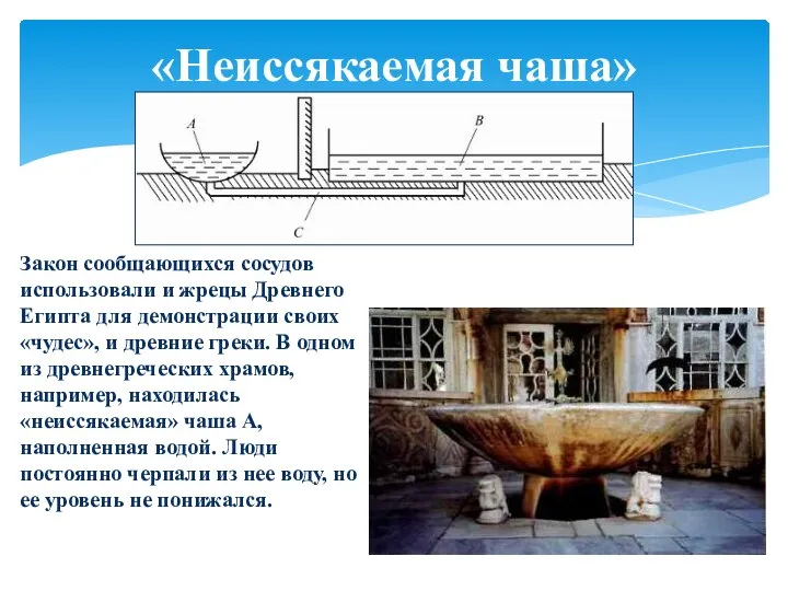 «Неиссякаемая чаша» Закон сообщающихся сосудов использовали и жрецы Древнего Египта