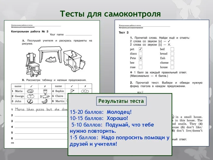 Тесты для самоконтроля 15-20 баллов: Молодец! 10-15 баллов: Хорошо! 5-10