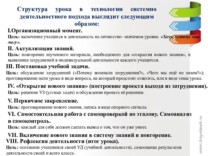 Cтруктура урока в технологии системно деятельностного подхода выглядит следующим образом: