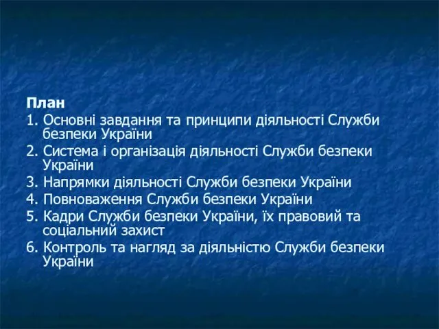 План 1. Основні завдання та принципи діяльності Служби безпеки України