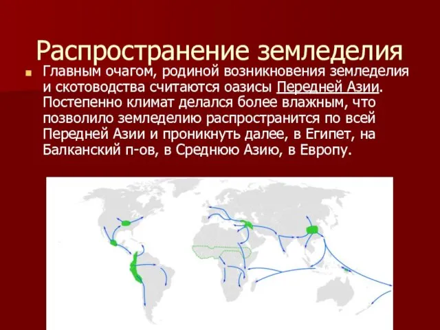 Распространение земледелия Главным очагом, родиной возникновения земледелия и скотоводства считаются