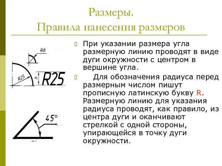 Размеры. Правила нанесения размеров При указании размера угла размерную линию