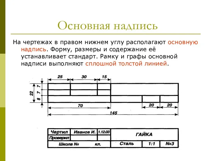 Основная надпись На чертежах в правом нижнем углу располагают основную