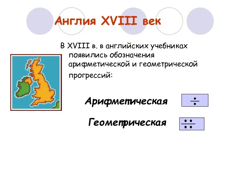 Англия XVIII век В XVIII в. в английских учебниках появились обозначения арифметической и геометрической прогрессий: