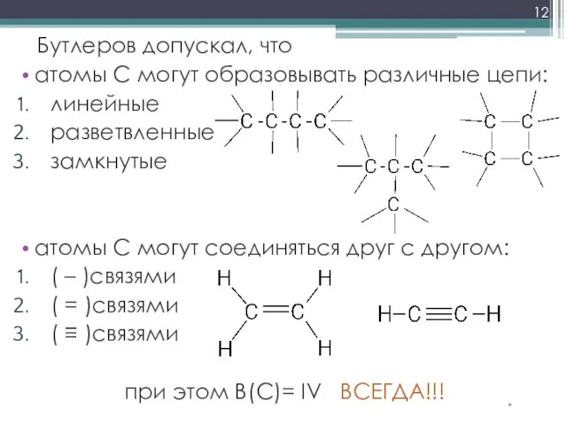 Бутлеров допускал, что атомы С могут образовывать различные цепи: линейные