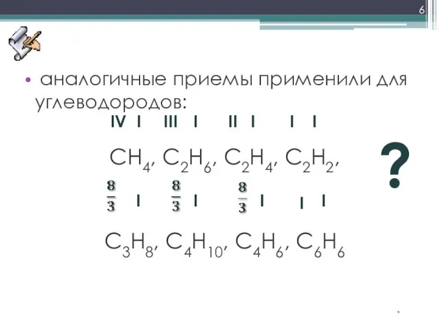 аналогичные приемы применили для углеводородов: CH4, C2H6, C2H4, C2H2, C3H8,