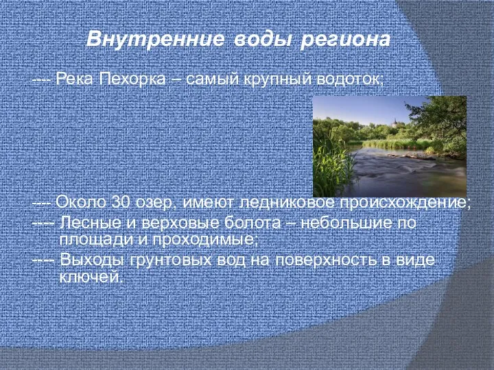 Внутренние воды региона ---- Река Пехорка – самый крупный водоток; ---- Около 30