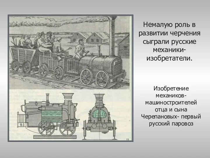 Немалую роль в развитии черчения сыграли русские механики-изобретатели. Изобретение механиков-машиностроителей отца и сына