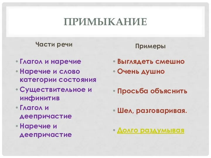 примыкание Части речи Глагол и наречие Наречие и слово категории