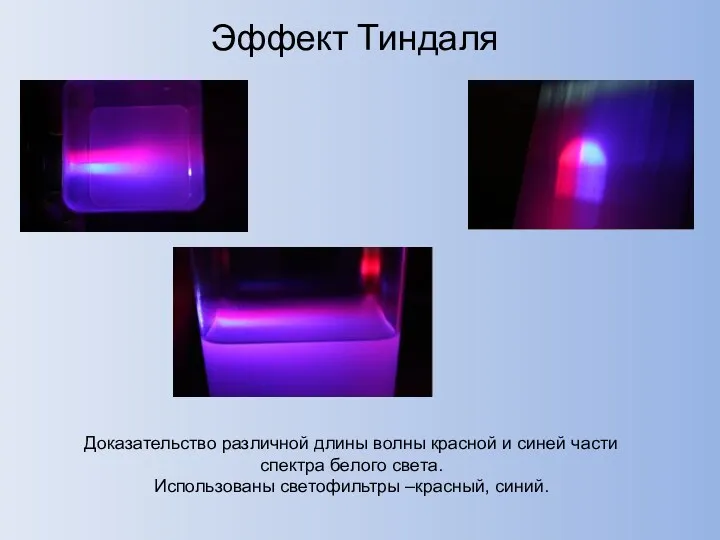 Эффект Тиндаля Доказательство различной длины волны красной и синей части