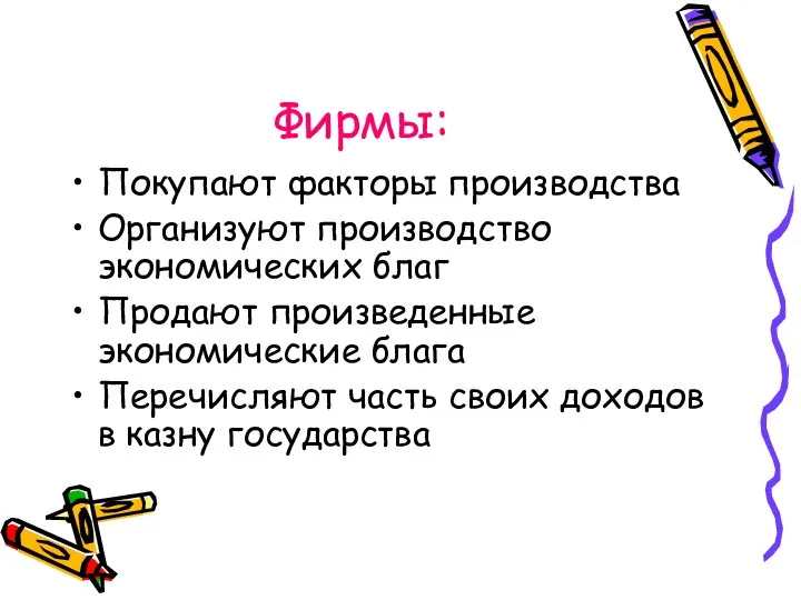 Фирмы: Покупают факторы производства Организуют производство экономических благ Продают произведенные