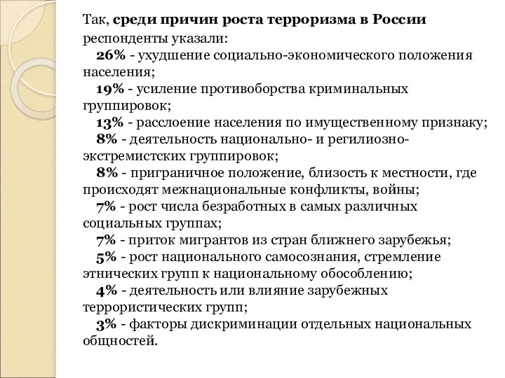 Так, среди причин роста терроризма в России респонденты указали: 26%