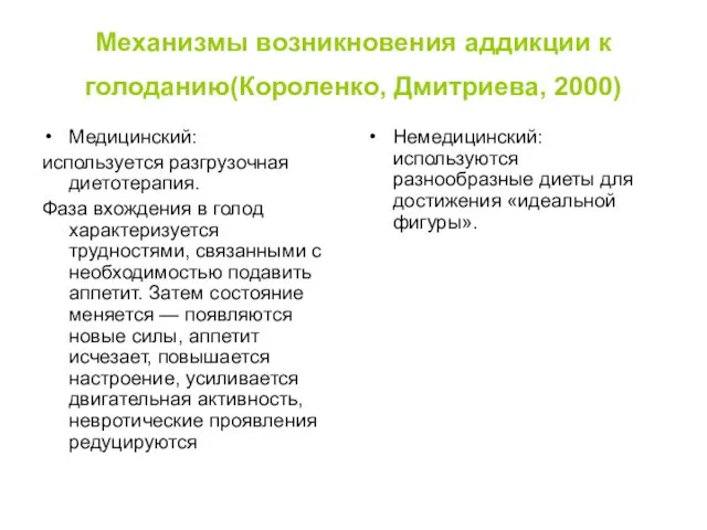 Механизмы возникновения аддикции к голоданию(Короленко, Дмитриева, 2000) Медицинский: используется разгрузочная