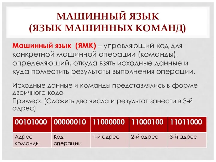 МАШИННЫЙ ЯЗЫК (ЯЗЫК МАШИННЫХ КОМАНД) Машинный язык (ЯМК) – управляющий