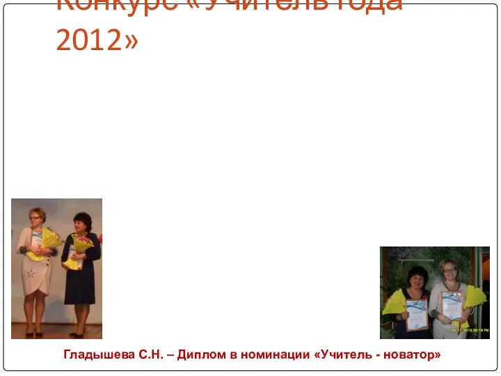 Конкурс «Учитель года 2012» Гладышева С.Н. – Диплом в номинации «Учитель - новатор»