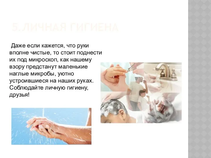 5.ЛИЧНАЯ ГИГИЕНА Даже если кажется, что руки вполне чистые, то стоит поднести их