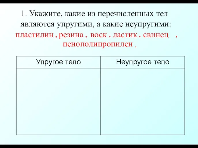 1. Укажите, какие из перечисленных тел являются упругими, а какие