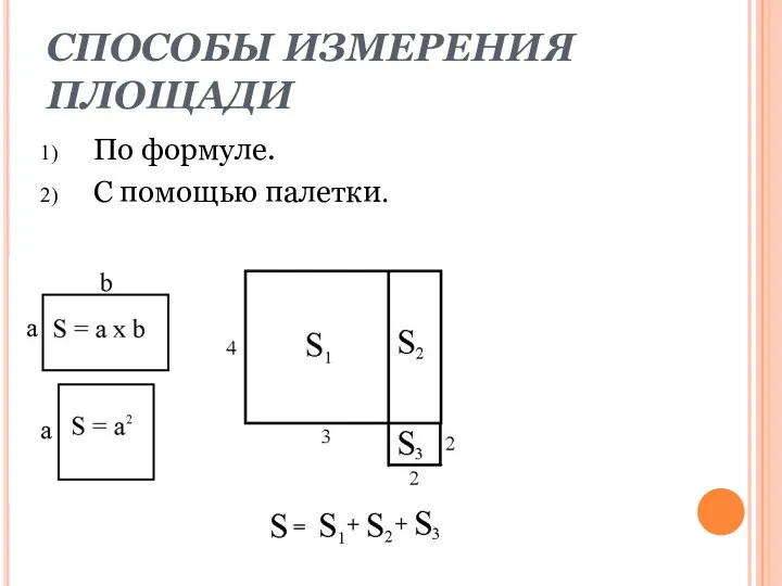 СПОСОБЫ ИЗМЕРЕНИЯ ПЛОЩАДИ По формуле. С помощью палетки.