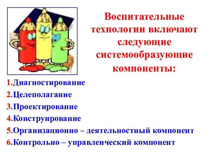 Воспитательные технологии включают следующие системообразующие компоненты: Диагностирование Целеполагание Проектирование Конструирование