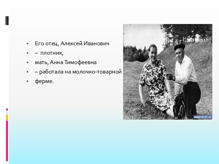 Его отец, Алексей Иванович – плотник, мать, Анна Тимофеевна – работала на молочно-товарной ферме.