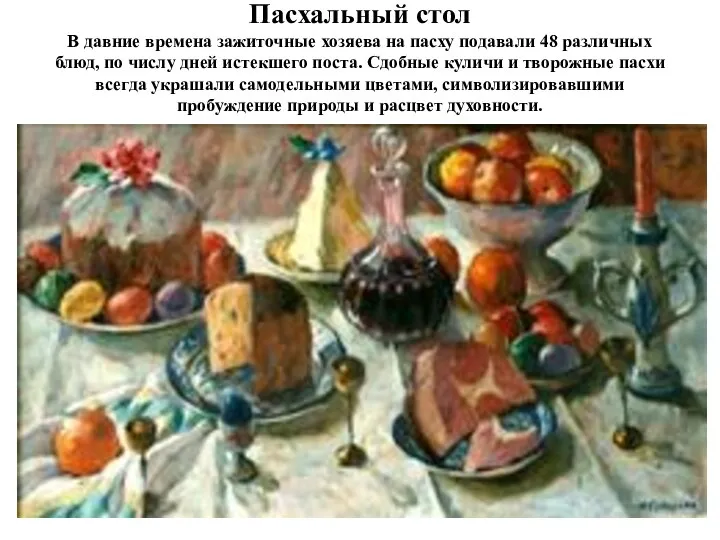 Пасхальный стол В давние времена зажиточные хозяева на пасху подавали 48 различных блюд,