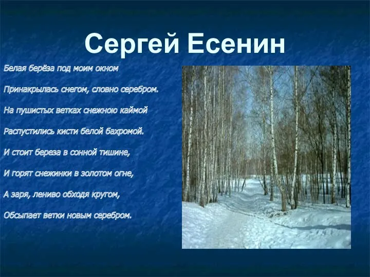 Сергей Есенин Белая берёза под моим окном Принакрылась снегом, словно