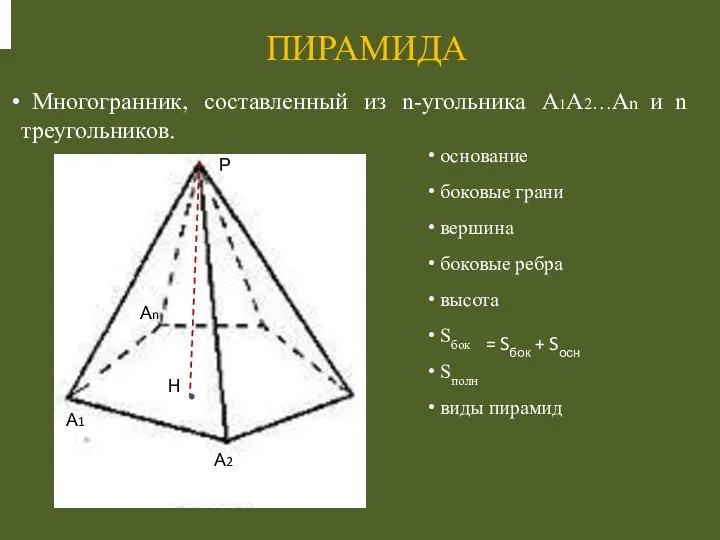 Многогранник, составленный из n-угольника А1А2…Аn и n треугольников. ПИРАМИДА А1