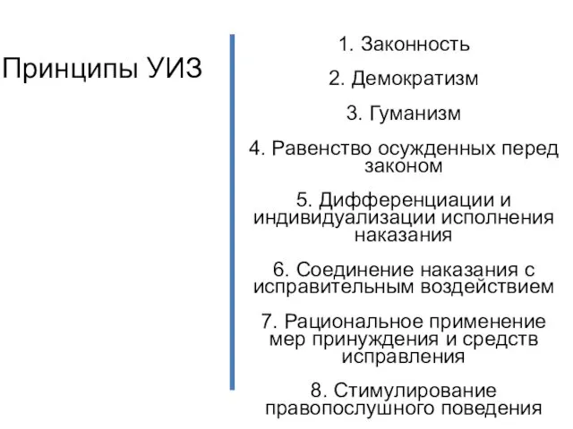 Принципы УИЗ 1. Законность 2. Демократизм 3. Гуманизм 4. Равенство