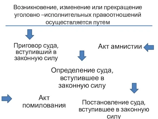 Возникновение, изменение или прекращение уголовно –исполнительных правоотношений осуществляется путем Приговор